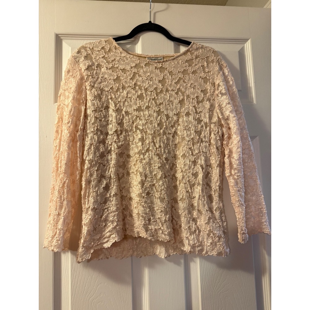 Coldwater Creek Top Womens L Peach Pink Floral Lace Lined Long Sleeve Blouse